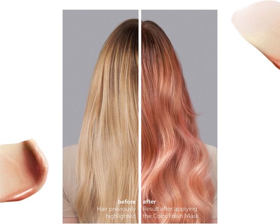 Haar voor en na het aanbrengen van de Wella Professionals Color Fresh Mask. Lichtblond haar wordt roze.
