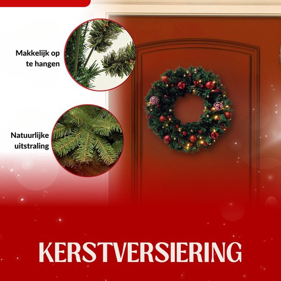 Buxibo PVC Kerstkrans met Decoraties - Groen - Met 40 Lampjes op Batterijbox - 150 Takken - 50cm