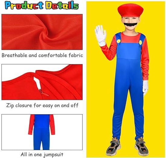 Déguisement Enfant Mario Luigi - Costume Cosplay Avec Casquette, Moustache, Gants Et Combinaison