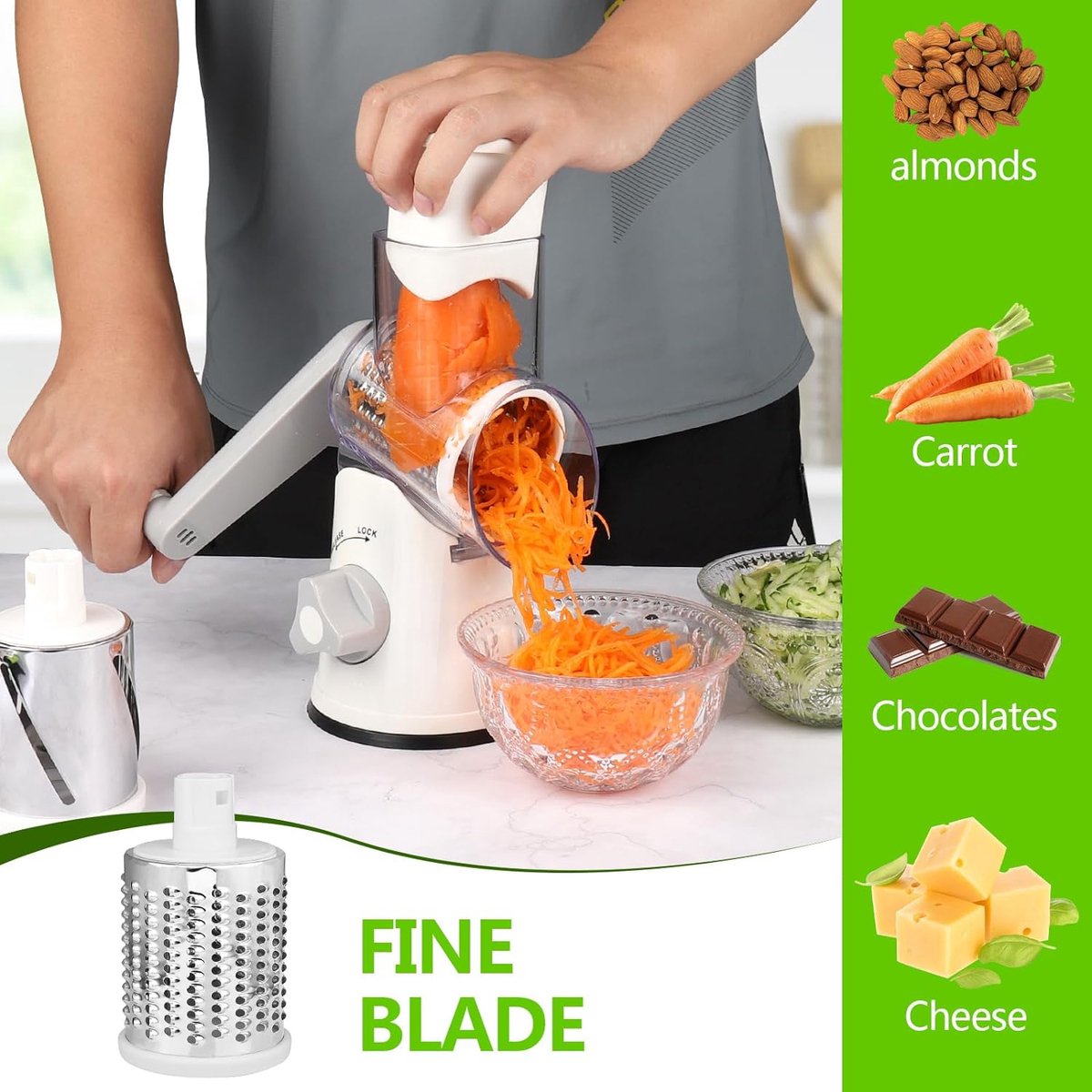 thumbnail: TAVADA Roterende Kaasrasp Met 3 Bladen - Handmatige Groentesnijder Voor Kaas, Wortel, Noten