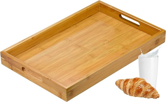 Seahelms Houten dienblad met handvatten, houten dienblad, 36 x 25 cm, bamboe dienblad, dinerlade, voedselbak, geweldig voor ontbijt, salontafels