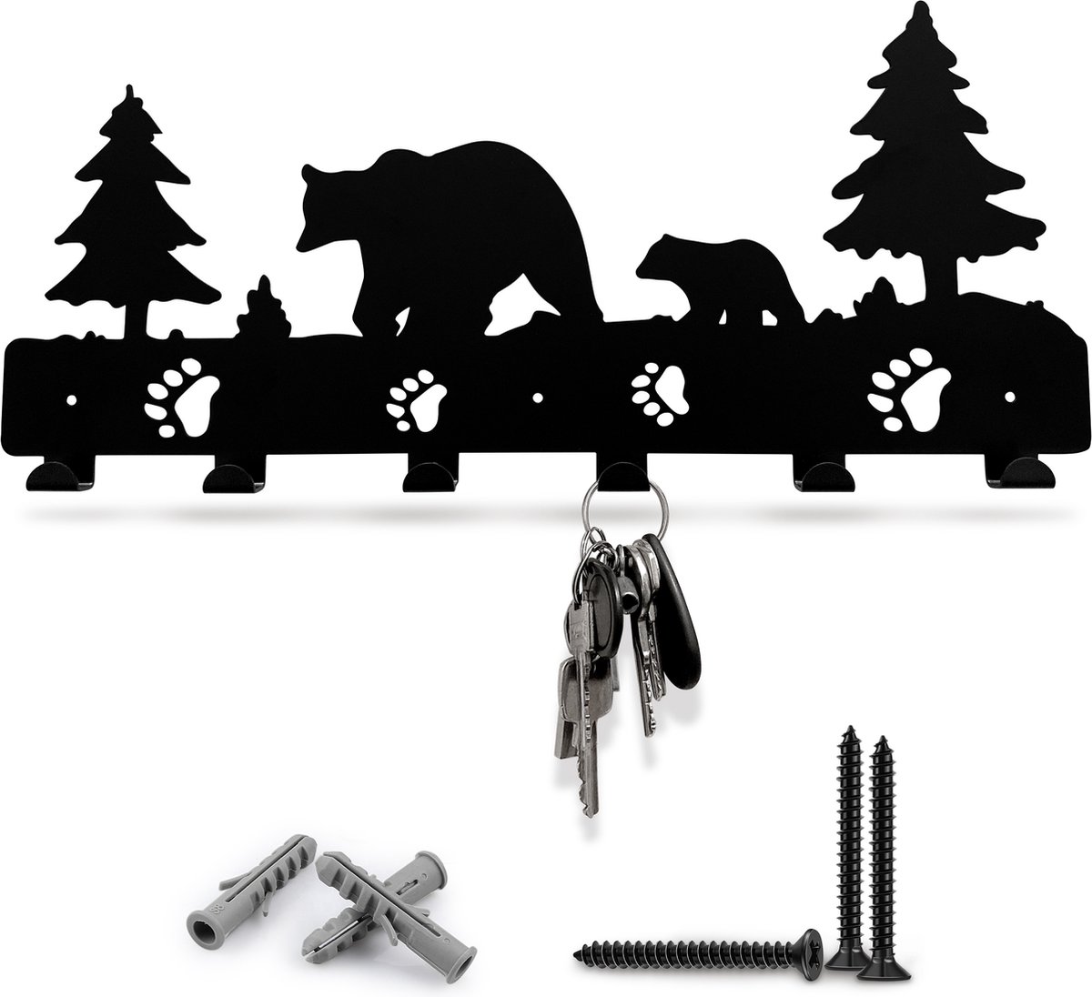 Sleutelrekje – Sleutelhouder – Sleutel Organizer – Key Organizer – Industrieel Design- Beren en bomen – 1,5 mm Dik – Zwarte Poedercoating