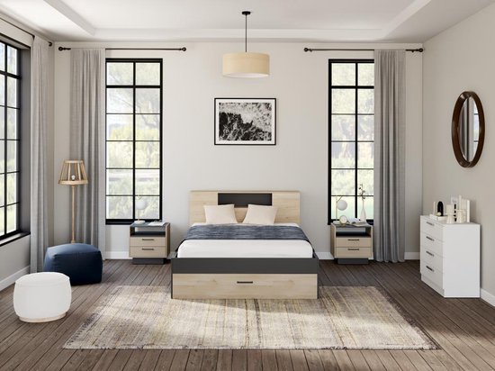 Bed met hoofdeinde met opbergruimte en lades - Kleur: naturel en + nachtkastjes - LEANDRE L H 95 D