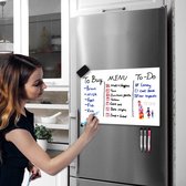 Whiteboard magnetisch koelkast, magneetbord, 2 stuks, 50 x 30 cm, voor familie, keuken, boodschappenlijstje, menu, memoherinnering, notitieplanner, kinderen, afwasbaar, flexibele magneet, wit bord, 4 markeerstiften, 1 gum