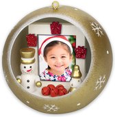 HAES DECO - Foto Kerstbal XL voor pasfoto 3,5 x 4,5 cm - Kerstbal Goud met Sneeuwpop - Rond 10 cm - Kerstdecoratie voor Binnen - LS442HS