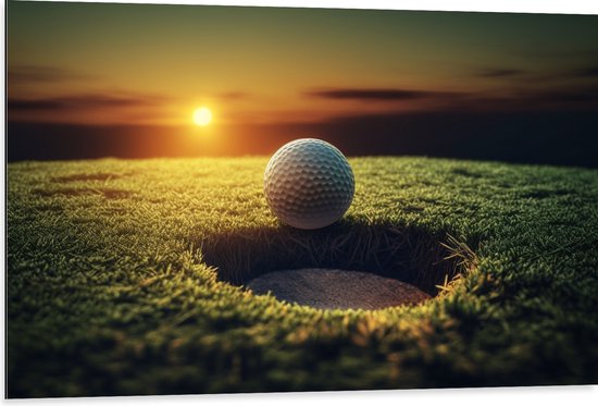 Dibond - Golf - Golfbal - Zonsondergang - 105x70 cm Foto op Aluminium (Met Ophangsysteem)