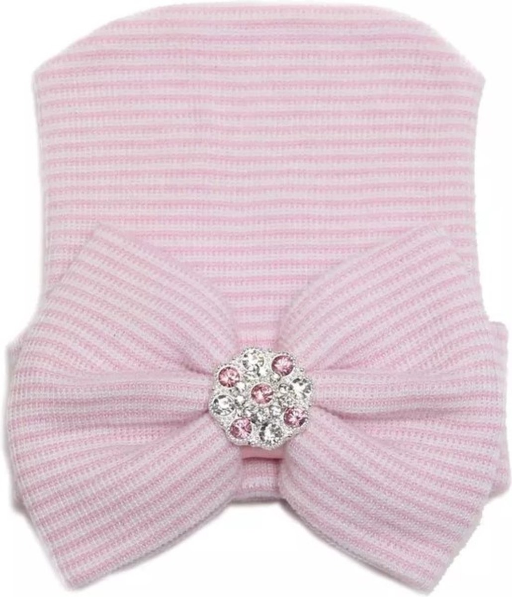 Goedkoopste Mammie's Geboortemuts / babymuts / ziekenhuismuts roze gestreepte met roze gestreepte strik en steentjes- 0 tot 1 maand Default
