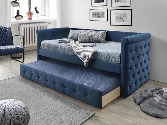 Bed met slaaplade LOUISE - 2 x 90 x 190 cm - Blauwe stof + matras L 219 cm x H 95.2 cm x D 98.5 cm