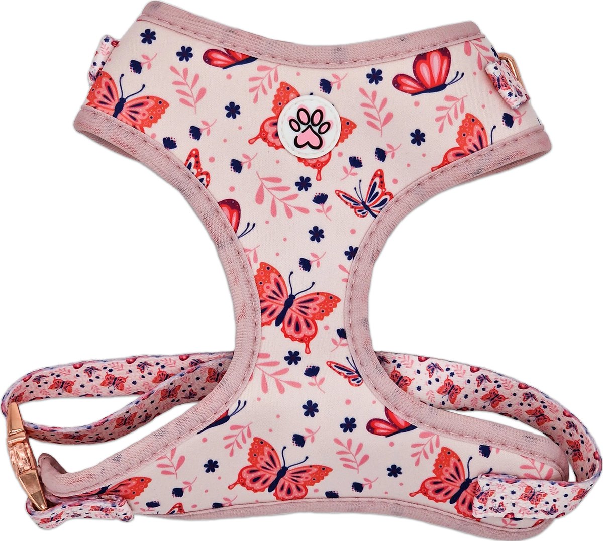 Hondentuigje - Zacht Tuigje / Honden Harnas - Roze - Vlinders - Bloemen - Rainbows and Butterflies - Paw My God! - Maat M