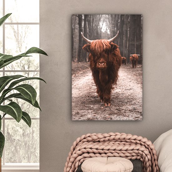 Peinture sur toile Scottish Highlander - Forêt - Vache - Animaux - Nature - 60x90 cm - Décoration murale