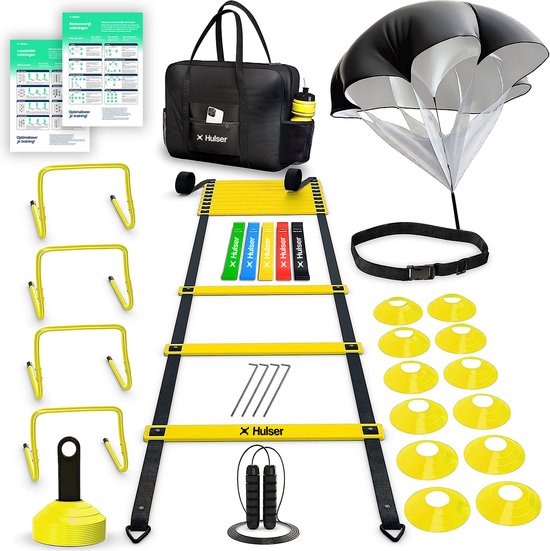 Hulser Sport Trainingsmateriaal - 26-delig - Geel - Voetbal spullen - Loopladder 6 meter - Weerstand parachute - Pionnen set - Trainingshoedjes - Horden - Springtouw - Weerstandsbanden - Training materiaal - Agility speed ladder - Running artikelen