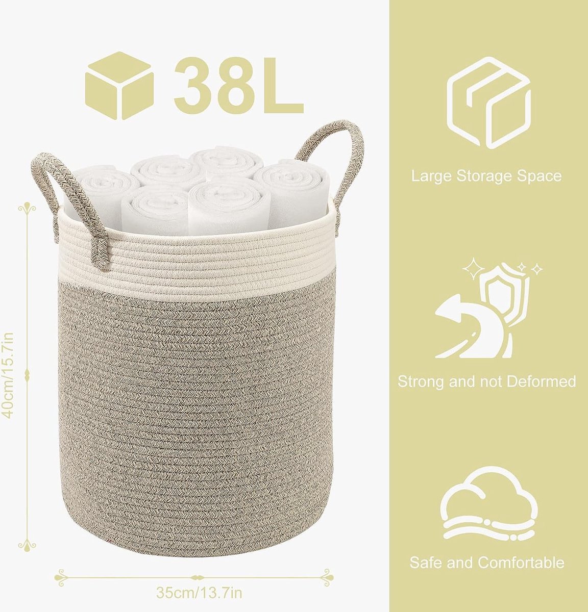 Panier a Linge Sale Tissé en Coton, 38L Corbeille a Linge avec