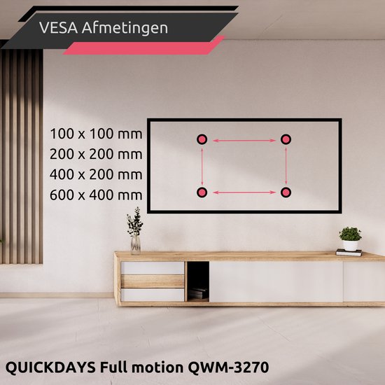 QuickDays TV Beugel - Draaibaar en Kantelbaar - 26 tot 70 Inch - Tot 45 KG – TV Beugels - Muurbeugel - Zwart - 55 inch - 65 inch - 32 inch - 43 inch - QuickDays