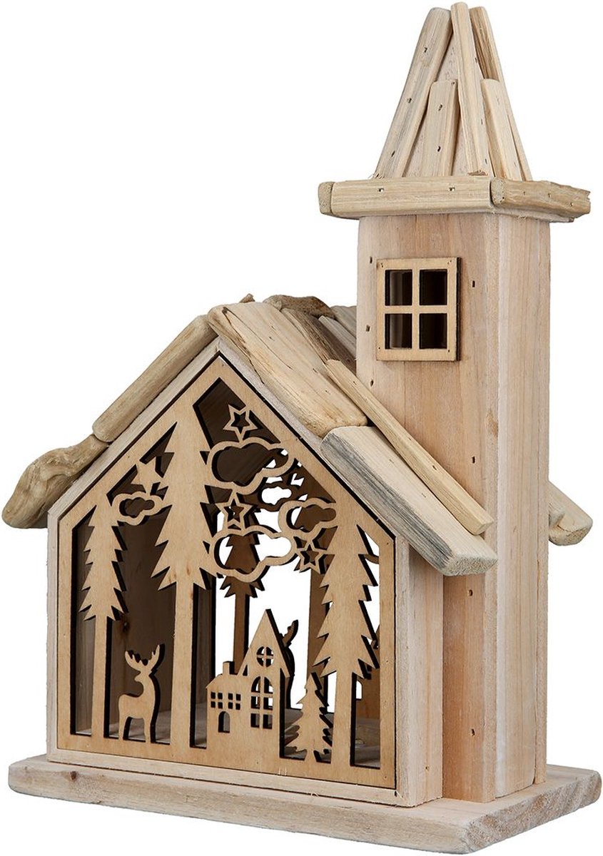 Winterhuisje met LED & Landschap hout 28 cm hoog - hout - winterfiguurtje - wintercollectie - eindejaarcollectie - decoratiefiguur - interieur - geschikt voor binnen - kerstcollectie - kerstdecoratie - kerstfiguur - cadeau - geschenk - kerst
