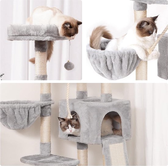 Krabpaal met bak, stabiele kattenboom voor grote en kleine katten, kattenkrabpaal met krabplank, hangmat, XXL kattenmand, lichtgrijs