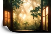 Fotobehang A Large Arch-Shaped Window, A Portal In The Dark Mystical Forest, The Sun's Rays Pass Through The Window And Trees, Shadows. Fantasy Beautiful Forest Fantasy Landscape. 3D .