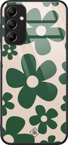 Samsung Galaxy A14 hoesje glas - Retro flowers groen - Groen - Hard Case Zwart - Backcover telefoonhoesje - Bloemen - Casimoda