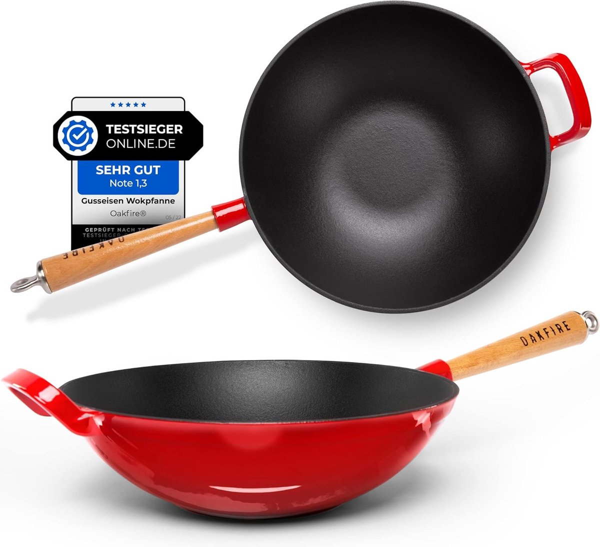 Poêle Wok émaillée, fonte, induction, 31 cm, grande, poêle wok grill,  manche en bois