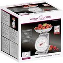 Doos van de ProfiCook PC-KW 1247 keukenweegschaal met afbeeldingen van de weegschaal met aardbeien, en tekst in het Duits.