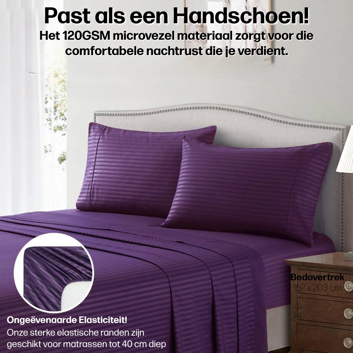 Luxe Beddengoed - Matrasbeschermer + Hoeslaken + 2x Kussensloop - Queen Size 160x200 - Complete 4 Delige Set - Gecertificeerd Microvezel - 160 x 200 Hoeslakens - Dekbed Overtrek - Paars – foto 5