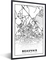 Fotolijst incl. Poster Zwart Wit- Kaart - Plattegrond - Beauvais - Frankrijk - Stadskaart - Zwart wit - 80x120 cm - Posterlijst