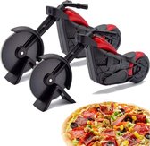 2 stuks motorfiets pizzasnijder, roestvrijstalen plastic pizzaroller, pizzasnijder met scherp snijwiel en standaard voor creatieve kerstcadeaus (zwart)