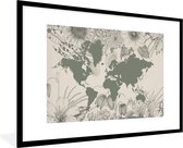 Fotolijst incl. Poster - Wereldkaart - Grijs - Bloemen - 90x60 cm - Posterlijst
