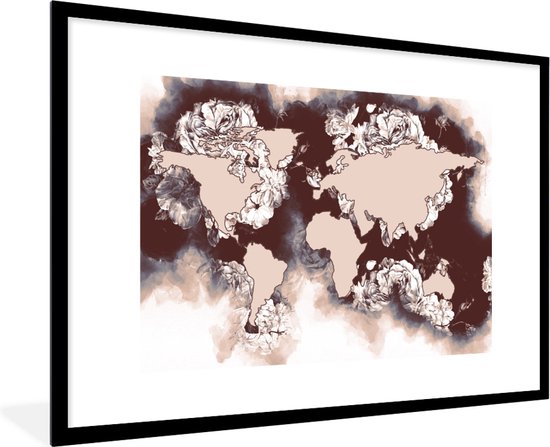 Carte du monde rose décorée de fleurs 120x80 cm