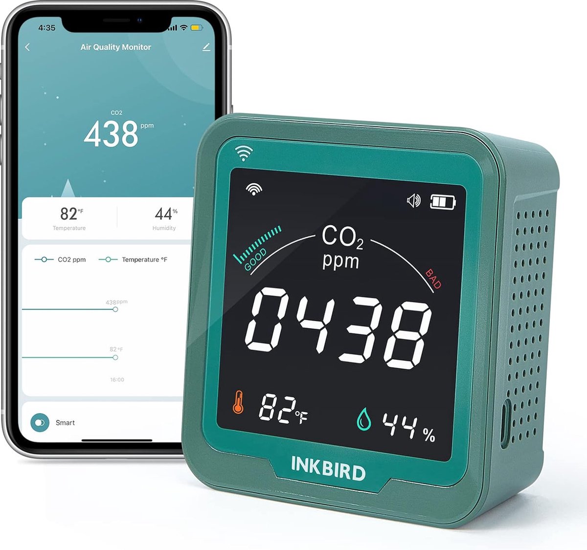 INKBIRD WiFi Binnenluchtkwaliteit Monitor, CO2 Detector, Nauwkeurige NDIR Sensor, Temperatuur en Relatieve Luchtvochtigheid, Binnen CO2 Meter met Dataregistratie, voor Auto's, Wijnkelders, Kweektenten, Woningen (INK-CO2W)