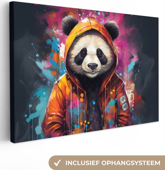 Tableau sur toile Panda - Manteau - Graffiti - Oranje - 60x40 cm - Décoration murale
