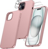 Hoesje Geschikt voor iPhone 15 – Zacht siliconen liquid backcover met 2x screenprotector gehard glas en 1x lens protector – Pink Sand