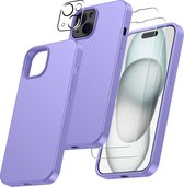 Hoesje Geschikt voor iPhone 15 – Zacht siliconen liquid backcover met 2x screenprotector gehard glas en 1x lens protector – Lila