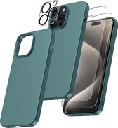 Hoesje Geschikt voor iPhone 15 Pro Max – Zacht siliconen liquid backcover met 2x screenprotector gehard glas en 1x lens protector – Pine Groen