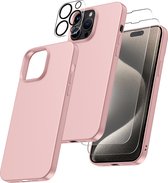 Hoesje Geschikt voor iPhone 15 Pro Max – Zacht siliconen liquid backcover met 2x screenprotector gehard glas en 1x lens protector – Pink Zand