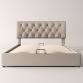 Hydraulisch tweepersoonsbed gestoffeerd bed 160x200cm, verstelbaar hoofdeinde, bed met lattenbodem van metalen frame, modern bedframe met opbergruimte, naturel