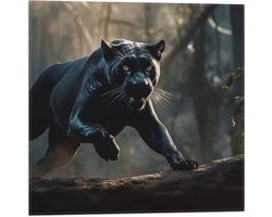 Vlag - Zwarte panter rent door bos heen - 50x50 cm Foto op Polyester Vlag