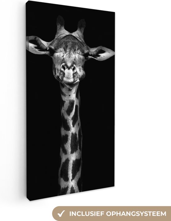 Canvas schilderij - Wilde dieren - Giraffe - Zwart - Wit - Foto op canvas - 20x40 cm - Muurdecoratie - Canvas doek
