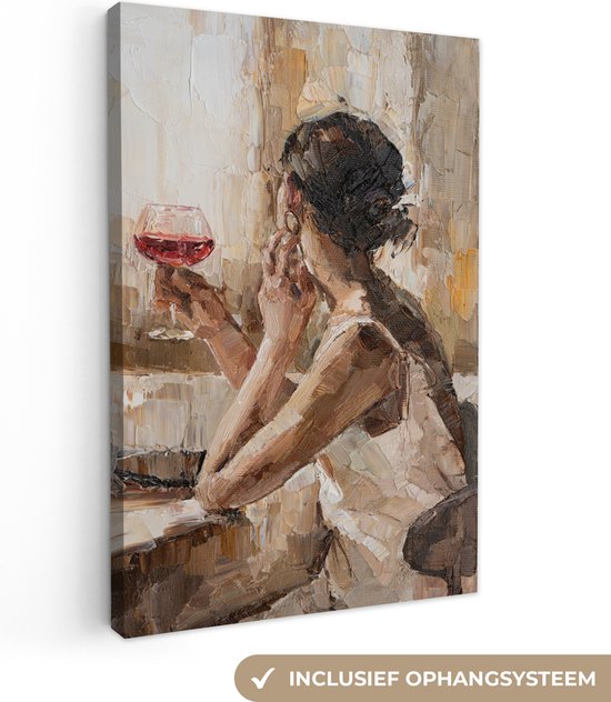 Canvas schilderij 60x90 cm - Wanddecoratie Schilderij - Vrouw - Wijn - Olieverf - Muurdecoratie woonkamer - Slaapkamer decoratie - Kamer accessoires - Schilderijen