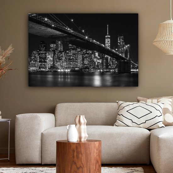 Photo noir et blanc du pont de Brooklyn à New York la nuit Toile 120x80 cm - Tirage photo sur toile (Décoration murale salon / chambre)