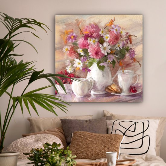 Toile - Peinture - Fleurs - Vase - Huile - 90x90 cm - Décoration murale