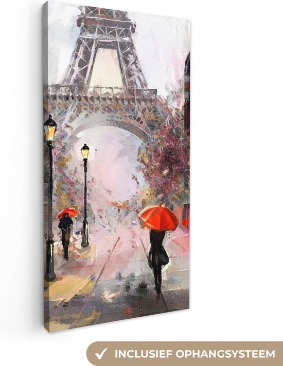 Canvas - Schilderij - Eiffeltoren - Parijs - Olieverf - Paraplu - Kunst - Schilderijen op canvas - Canvas doek - 20x40 cm - Foto op canvas - Woonkamer - Wanddecoratie