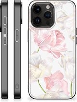 Back Case TPU Siliconen Hoesje Geschikt voor iPhone 15 Pro Max GSM Hoesje met Zwarte rand Mooie Bloemen