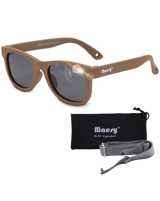 Maesy - lunettes de soleil bébé Indi - 0-2 ans - courbure souple - élastique réglable - protection UV400 polarisée - garçons et filles - lunettes de soleil bébé carrées - marron taupe