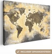 Canvas Wereldkaart - 90x60 - Wanddecoratie Wereldkaart - Gouden - Krant