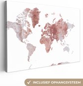 Canvas Wereldkaart - 90x60 - Wanddecoratie Wereldkaart - Marmer - Rood
