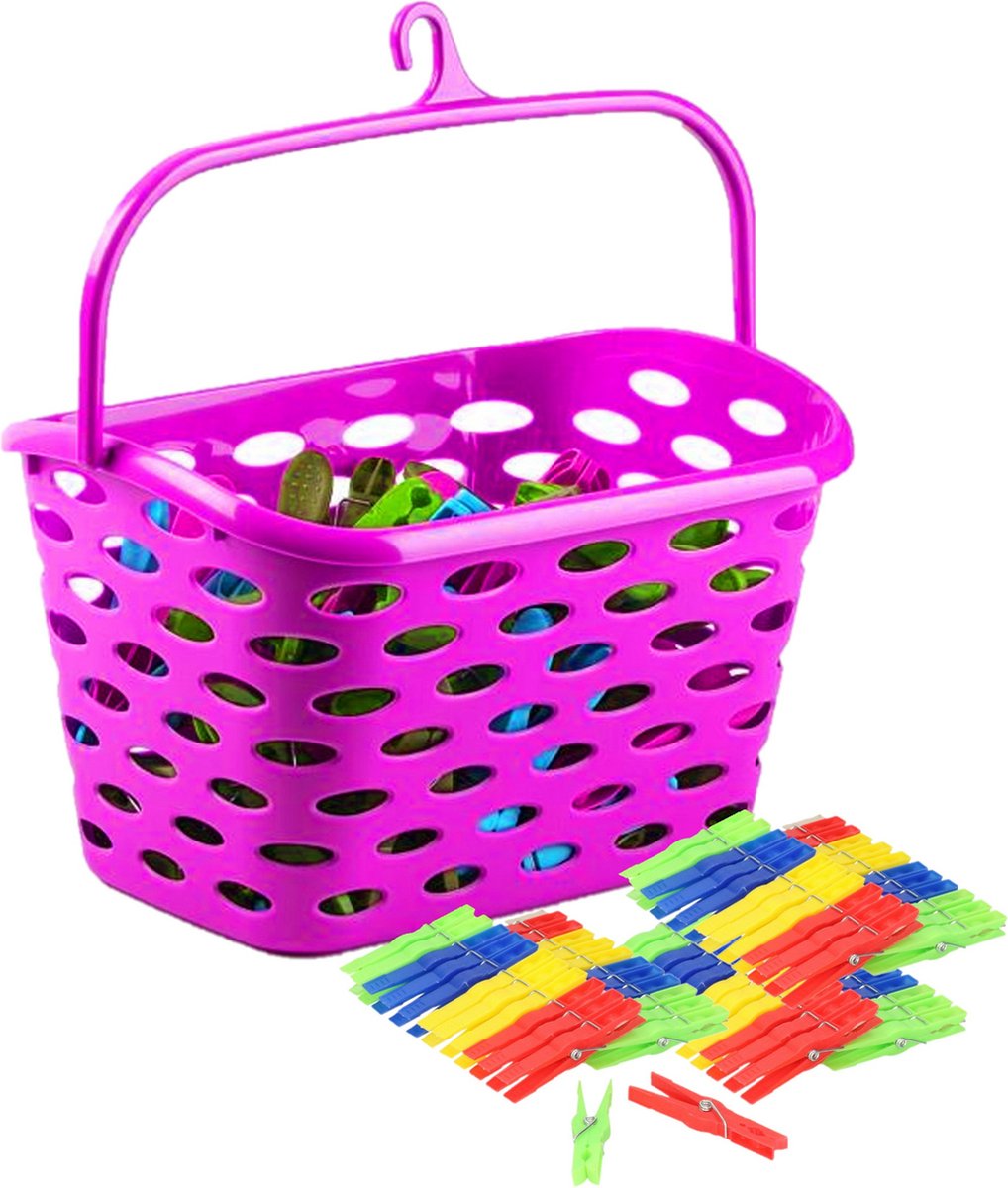 Plasticforte Wasknijpers ophang mandje/bakje - fuchsia roze - met 72x plastic knijpers