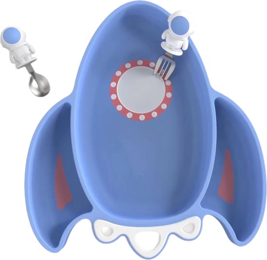 Kinderservies Astronauten Set van 6 voor Kinderen - Bord/Lepel/Vork/Beker/Slabbetje/Kommetje - BPAVRIJ Anti slip Ftalaatvrij - Baby servies - Kinderservies - Kinderbord - Blauw - Magnetron - Vaatwasser van Kinder — afbeelding 2
