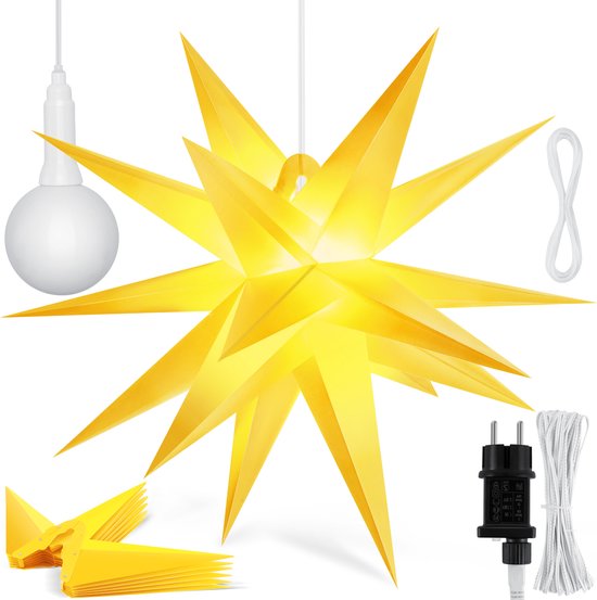 KESSER® LED Kerst Ster 3D, LED Verlichting met Timer, Kerstster Lampjes voor Binnen en Buiten, Kerstverlichting Advent Ster Verlichte Hangend, Warm Wit Licht - Geel / 100 cm, met Timer