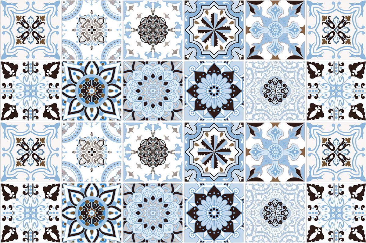 Set 24 Tegelstickers met Marokkaans Mozaïk Design - 15x15CM - Zelfklevende Tegels voor badkamer, keuken, meubels - Plaktegels Blauw/Bruin