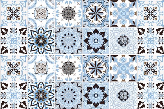 Set de 24 Stickers Carrelage Design Mosaïque Marocaine - 15x15CM - carrelages Autocollant pour Salle de Bain, Cuisine, Meuble - Carrelage Adhésif Blauw/Marron